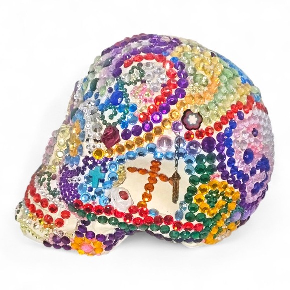 Day Of The Dead Rainbow Rhinestones 3D Fullsize Bling Ceramic Skull Handcrafted - Picture 4 of 13